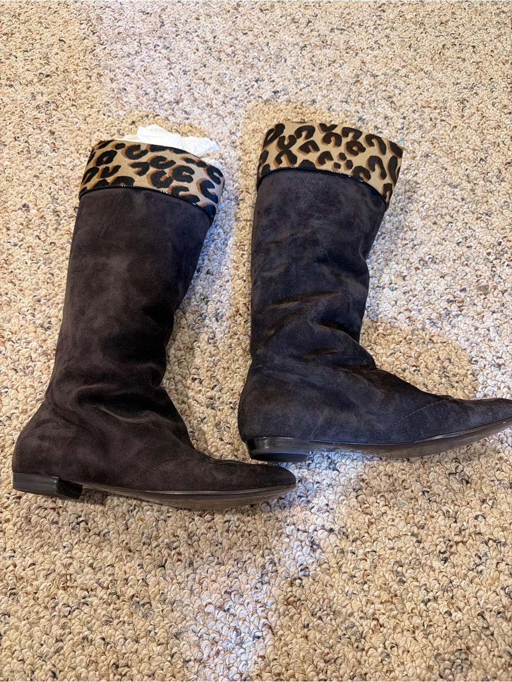 Louis Vuitton Brown Suede Knee Boots with Leopard Print Cuff